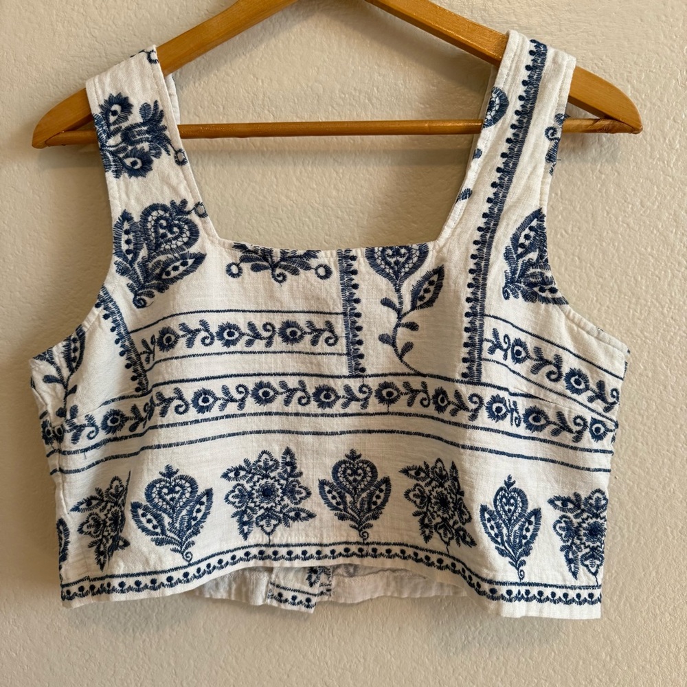 Joie White Crop Top with Navy Blue Floral Print